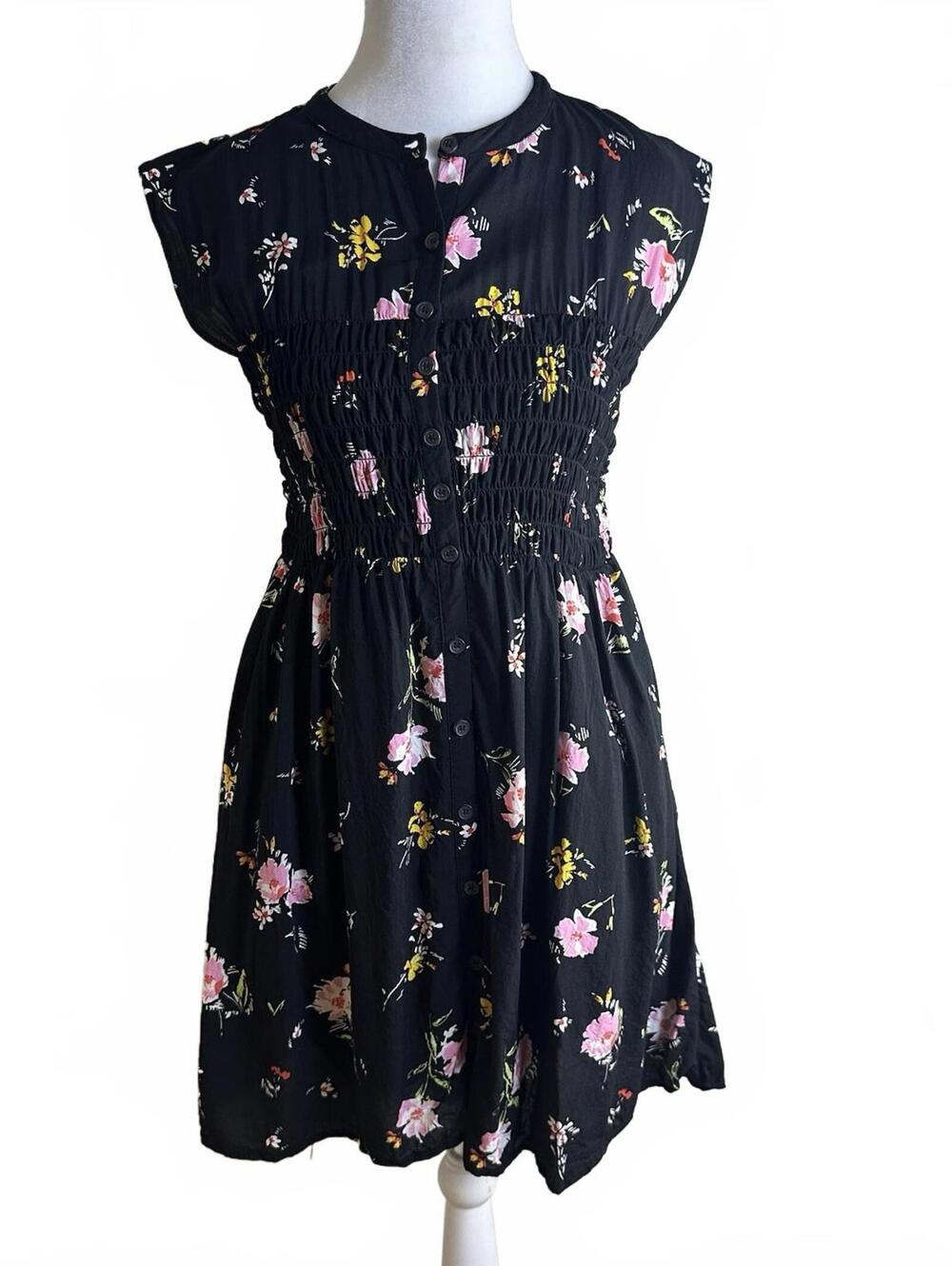 Free People Mini Dress smocked  Baby Doll Cap Sleeve goth modest Floral Sz Xs